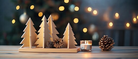 Wooden Christmas trees, pine cones, and candle on table.