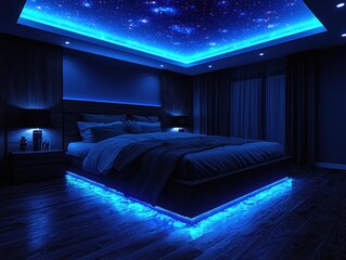 Bedroom interior with blue lighting