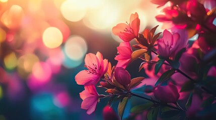 Vibrant pink flowers blooming at sunset.
