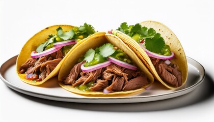 beef barbacoa tacos with tender shredded beef onions and salsa verde rich and flavorful isolated on white background copy space