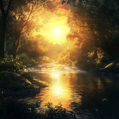 beautiful sunset over the river in the forest, nature series.