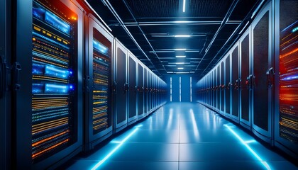 Fototapeta premium close up view of illuminated server panels in a modern data center showcasing technology