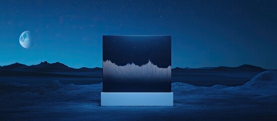 Night landscape with a glowing data visualization on a digital screen in a desert under the moon.