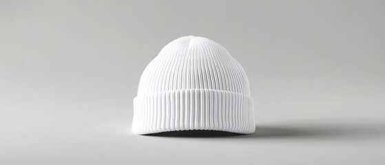 White knitted beanie hat on grey background.