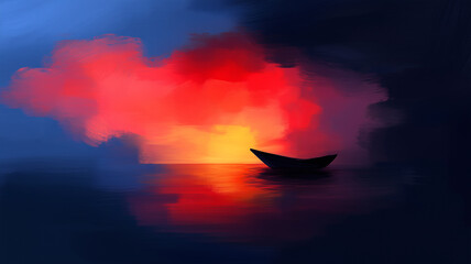 Painting of a boat on calm waters, reflecting the vibrant sky in shades of orange, red and blue, as the sunset behind