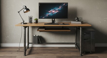 Stylish computer desk setup with industrial design and organized workspace