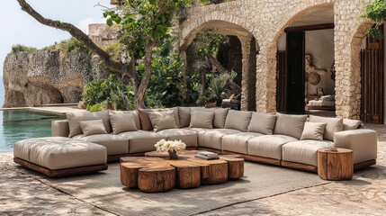 Beige linen sectional sofa patio set
