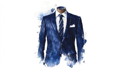 Watercolor painting of a navy blue men's suit with a crisp white shirt and striped tie.