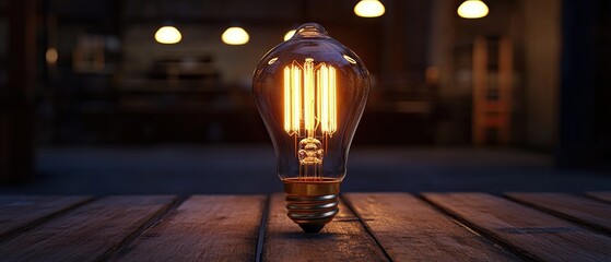 Glowing vintage light bulb on wooden table at night.