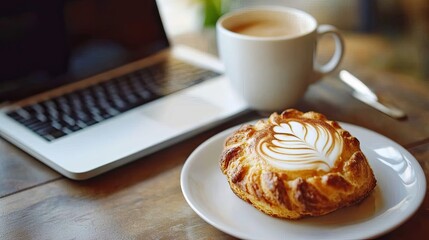 Laptop, coffee, pastry on cafe table.