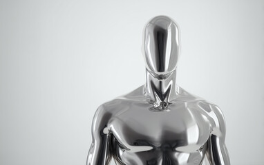 Silver mannequin with a fluid and polished appearance, with a smooth and abstract face, evoking a technological and enigmatic aesthetic