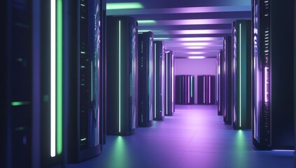 Fototapeta premium Neon-Lit Server Hall: A Glimpse into the Digital Core
