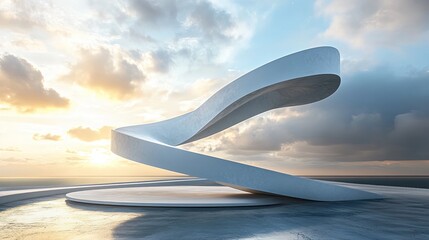 Futuristic white architectural structure at sunset.