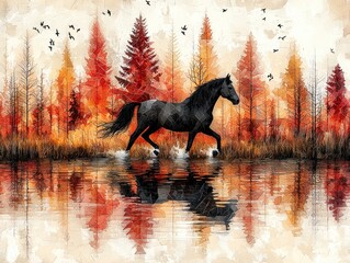 Black horse autumn forest scene