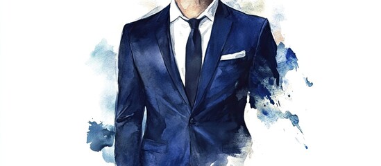 Watercolor painting of a man in a blue suit and tie.