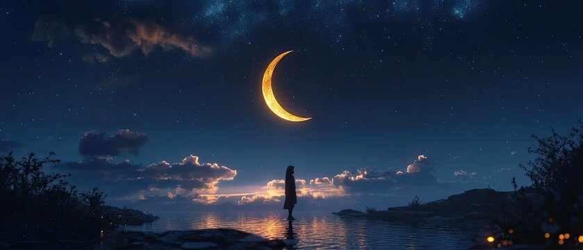 Solitary figure silhouetted against a crescent moon and tranquil waters under a starry night sky.