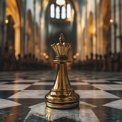 Chess king in front of the cathedral. 3d illustration.
