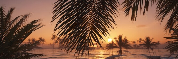 Elegant palm leaf silhouettes against a sunset backdrop ,  beach,  summer,  plant