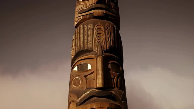 Detailed wooden totem pole with carved faces standing tall amidst a misty landscape, showcasing cultural heritage and artistic craftsmanship.