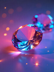 Fototapeta premium Two sparkling diamonds showcase vibrant pink, orange, and blue hues in a beautiful light.
