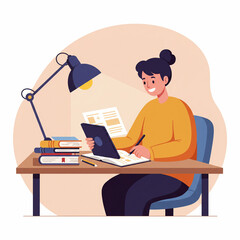 Smiling person with dark hair in an orange shirt studying with a tablet, books, and a lamp on a wooden desk.
