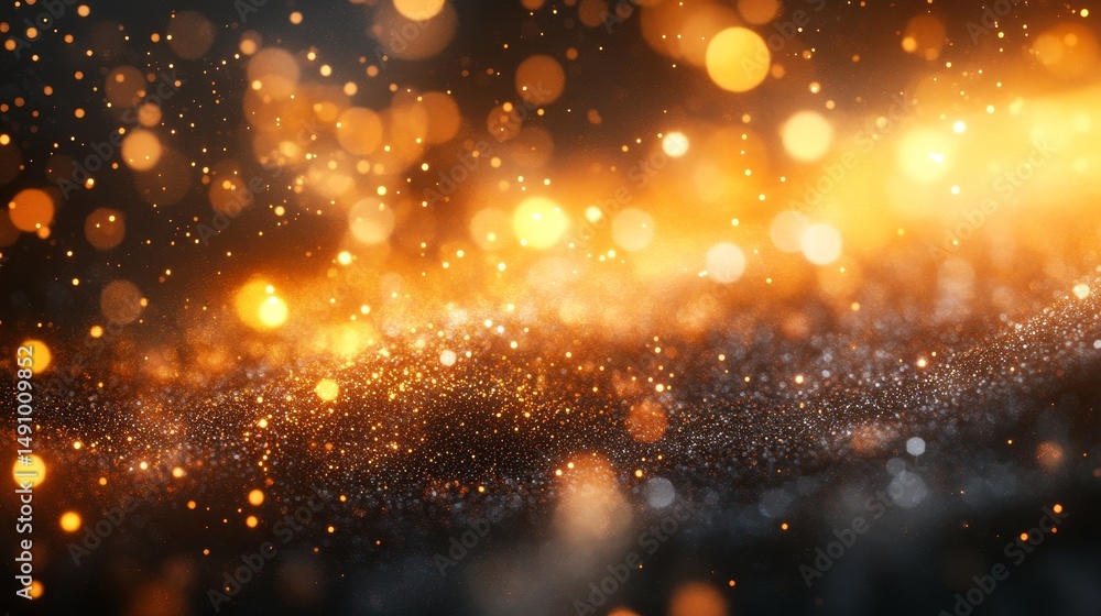 Poster abstract display of golden particles on a dark background.