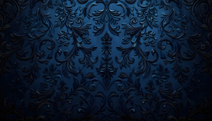 Vintage Gothic Elegance: Dark Blue and Black Baroque Background with Classic Rococo Patterns