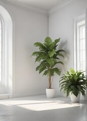Empty white room, large leafy plant in corner,  pot,  backdrop