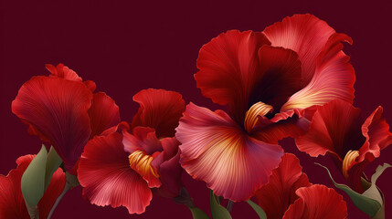 Richly colored red iris flowers bloom in a dramatic close-up composition against a dark maroon background, radiating beauty and artistic floral elegance.