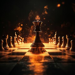 Chess board with chess pieces on fire background, business concept.