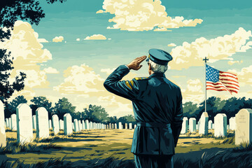 Soldier in uniform saluting at a cemetery with the american flag waving in the background