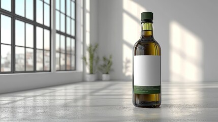 Bottle of olive oil on light floor