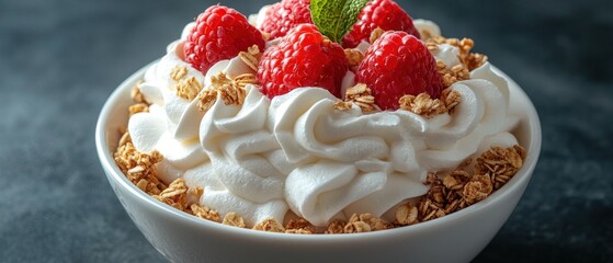 Breakfast cereal with raspberries and whipped cream