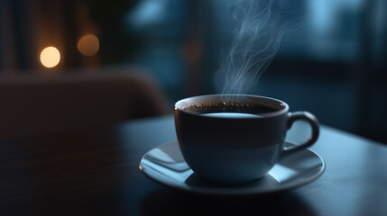 Obraz premium Steaming Cup of Coffee on Wooden Table in Warm Evening Light