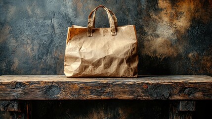 Brown paper bag on rustic wooden surface
