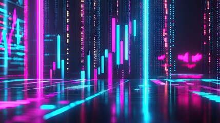 Neon glowing financial data visualizations in a futuristic space.