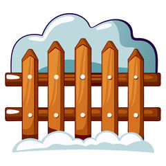 Vector  Illustration of Snowfall on Wooden Fence Winter Scene  in Cold Weather 
