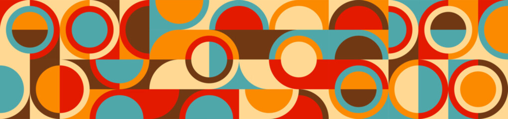 Seamless colorful geometric background in retro style of 60s and 70s, circles and squares in blue and orange. Abstract texture in trendy design.