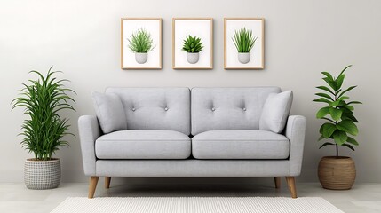 Naklejka premium Modern living room interior featuring a gray sofa, framed botanical prints, and green plants for tranquil home decor.