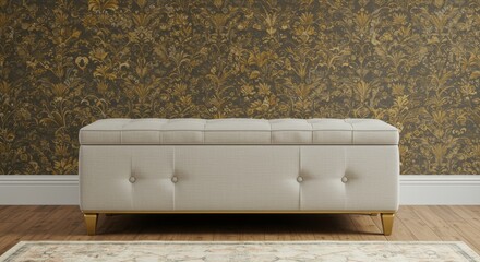 Elegant Storage Ottoman Against a Luxurious Patterned Wallpaper Backdrop