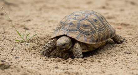 Fototapeta premium Focused turtle walking on sand with a small green plant adding contrast and texture