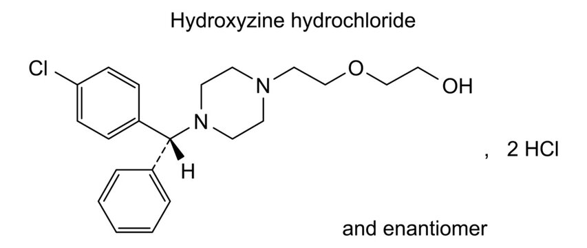 Chemical structure of hydroxyzine hydrochloride, drug substance