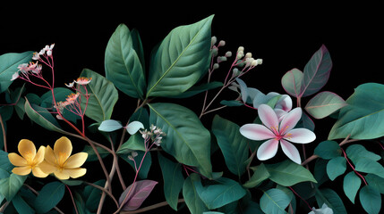 Lush botanical illustration featu vibrant yellow and pink flowers led among deep green leaves, creating an elegant and captivating floral design on black backdrop.
