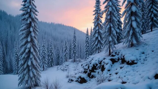 Winter forest landscape with snow covered trees and rocky terrain at dawn