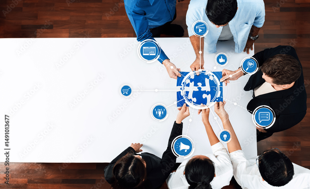 Poster diverse professionals collaborate in a modern office setting, engaging around a graphic globe puzzle