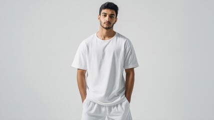 Portrait of a Young Middle Eastern Man in Relaxed White T-Shirt and Casual Attire in Studio Setting