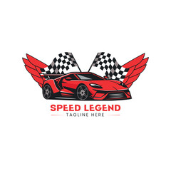 Speed Legend Car Logo  Winged Supercar Vector with Racing Flags for Motorsport Branding & Racing Clubs