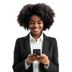 Portrait of a smiling African American businesswoman with afro hair, holding a mobile phone, on white or transparent background