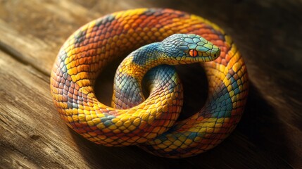 Obraz premium Vibrant serpent coiled on rustic wood paneling, presenting a mesmerizing scale spectacle