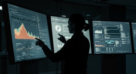 Data Analyst Interpreting Complex Financial Charts on Multiple Screens